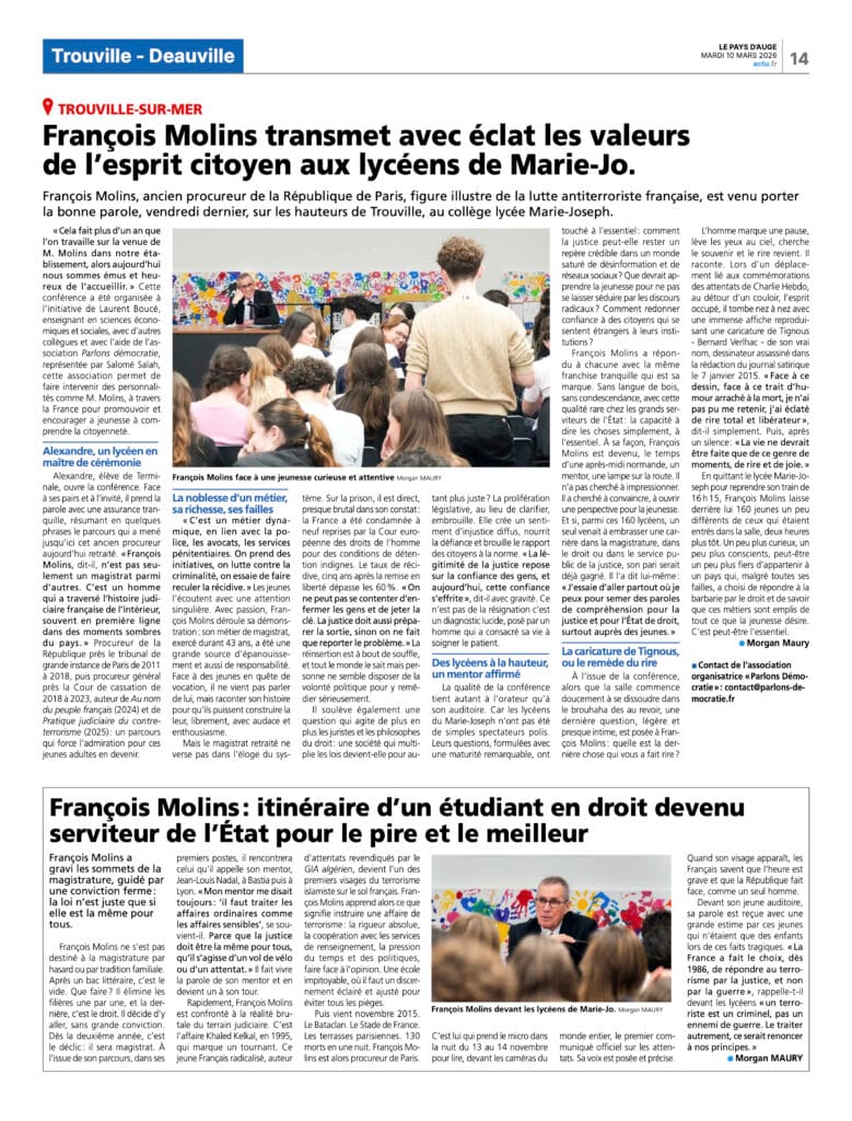 François Molins transmet avec éclat les valeurs de lesprit citoyen aux lycéens de Marie Jo
