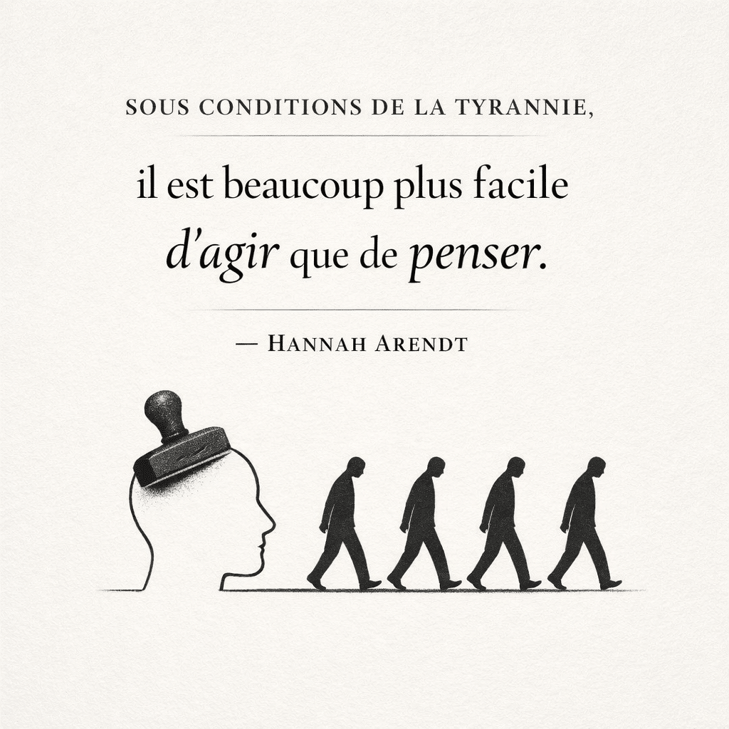 Sous conditions de la tyrannie il est beaucoup plus facile dagir que de penser Hannah Arendt Venez et voyez Sous conditions de la tyrannie il est beaucoup plus facile d'agir que de penser. »
— Hannah Arendt