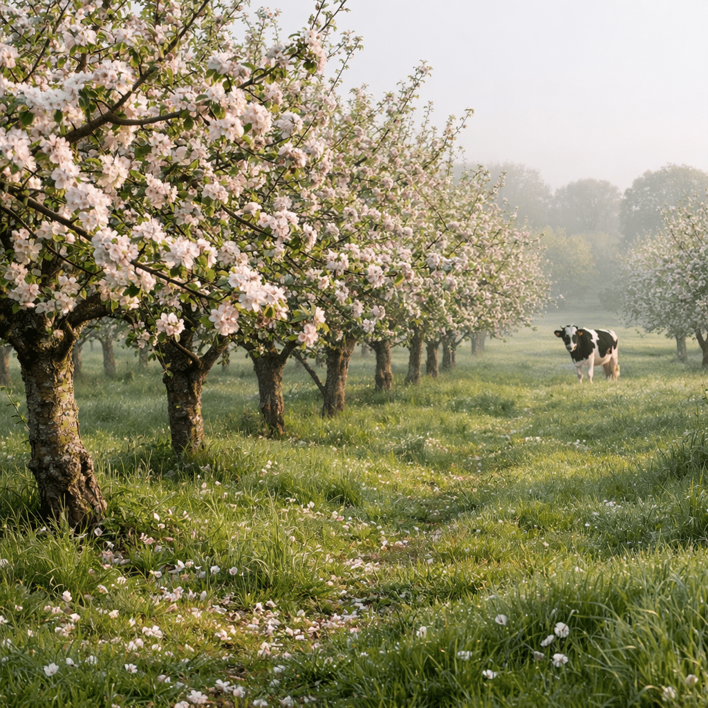 des champs de pommiers en fleurs avec une vache au loin qui machouille son herbe