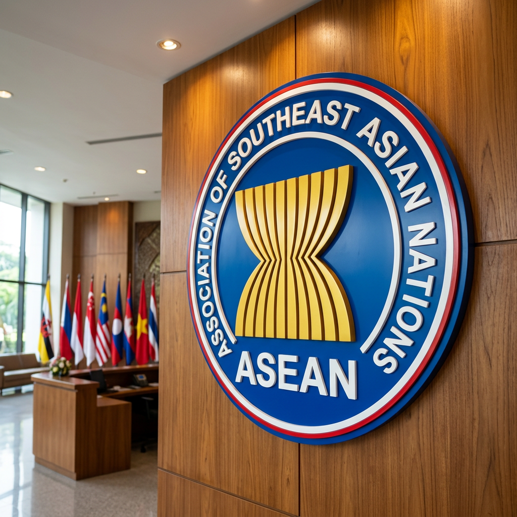 Circular ASEAN emblem on a wood paneled wall with blue background and yellow symbol flags line a conference area in the background