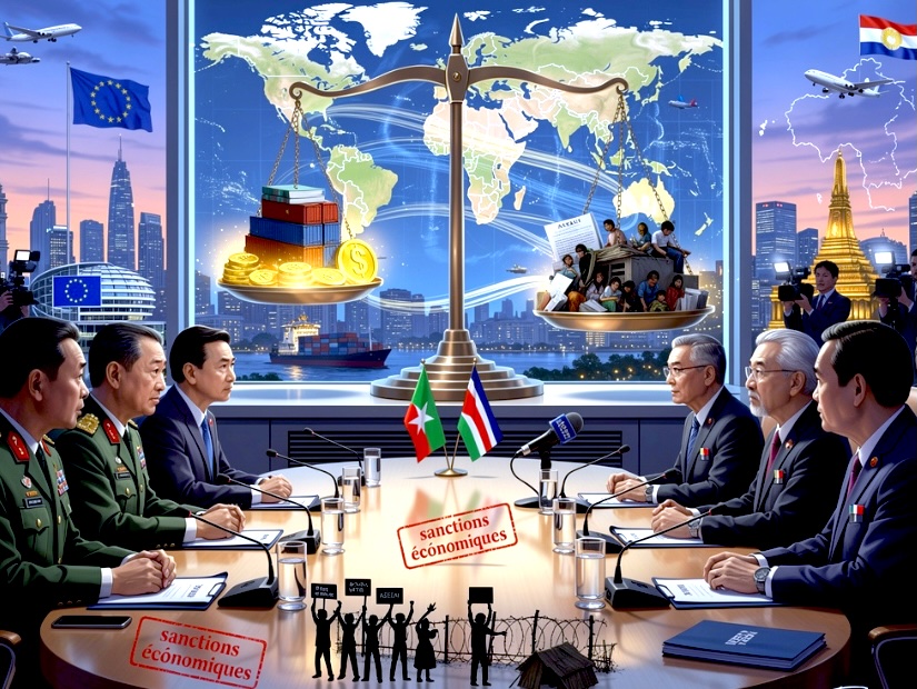 Diplomatic meeting on economic sanctions with officials at a long table flags and a world map backdrop scales symbolize trade and justice