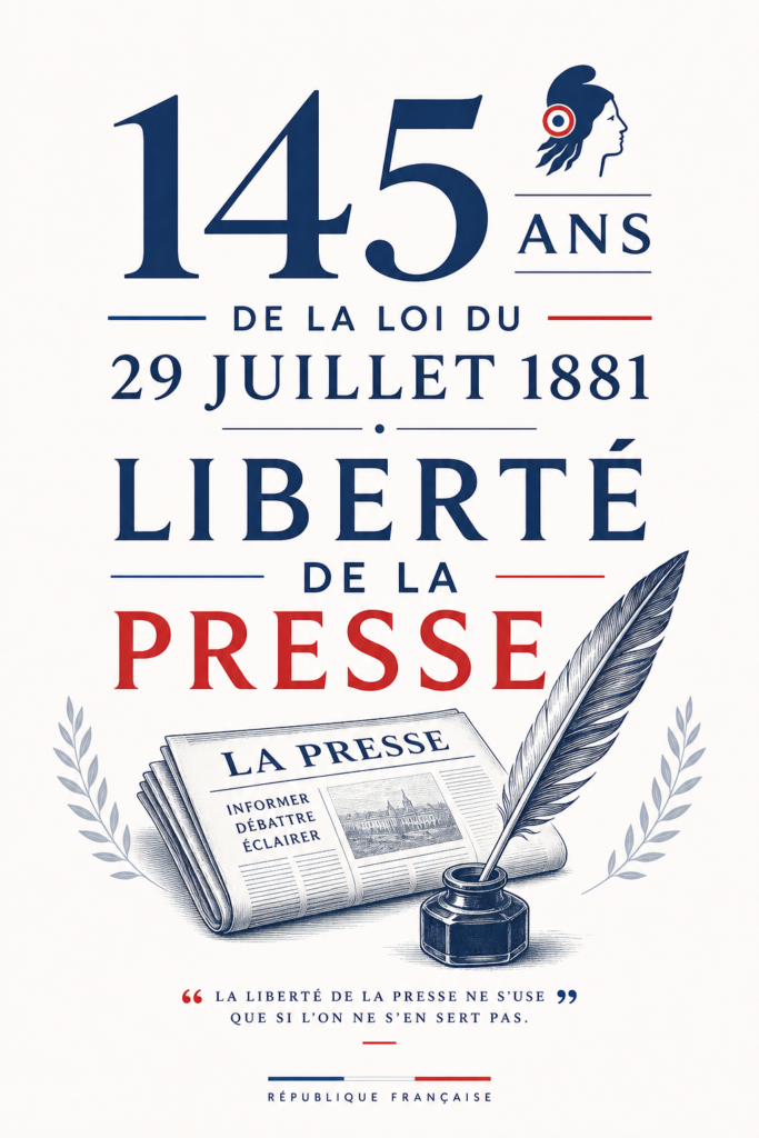 Anniversaire liberteÌ de la presse Venez et voyez Poster celebrating 145 years of the French press law with a quill ink bottle and a folded newspaper labeled La Presse