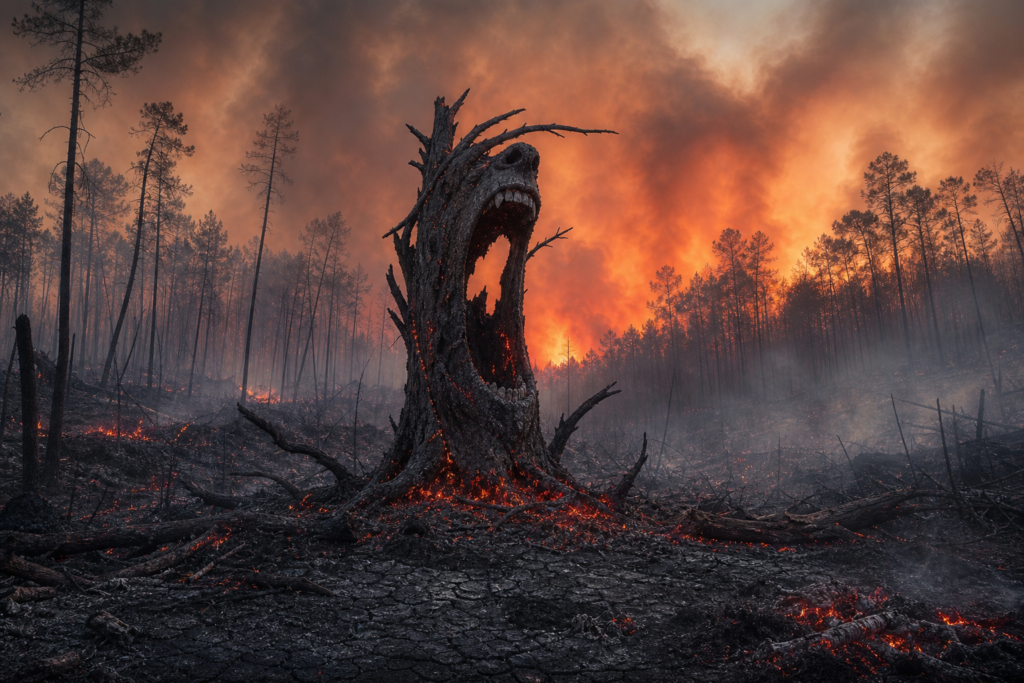 Charred tree trunk in a raging forest fire with orange flames and smoke all around