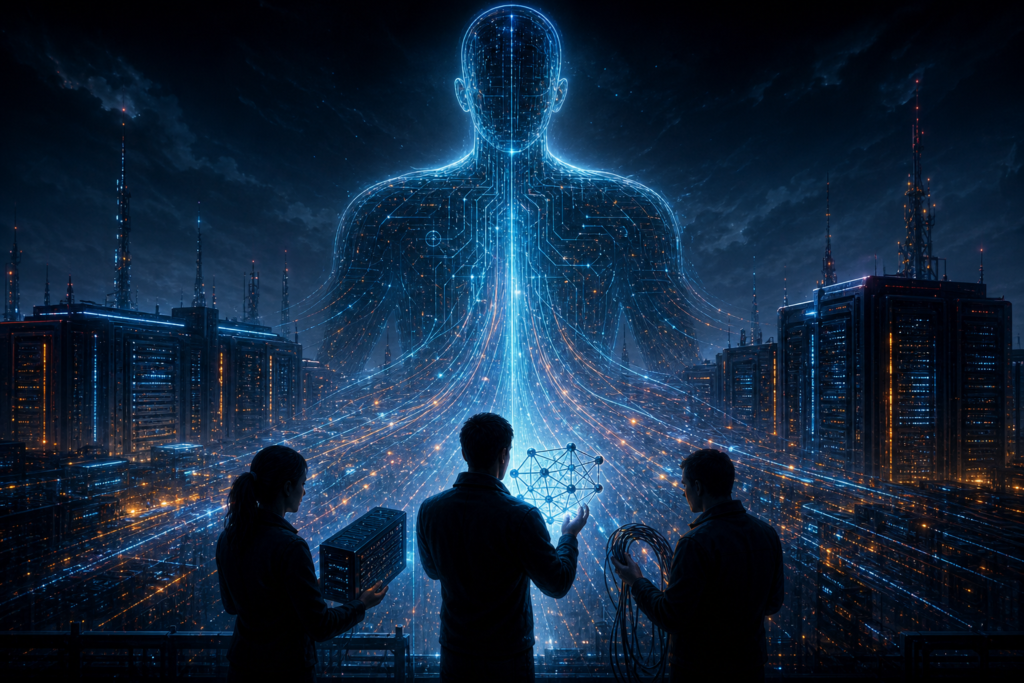 Three technicians stand with back to camera in a neon futuristic city as a giant blue holographic human figure made of circuits rises above them