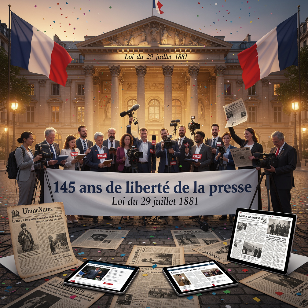 LiberteÌ de la presse loi de 1881 quel avenir naufrage Venez et voyez Group of journalists and photographers in front of a grand building holding a banner that proclaims 145 years of press freedom under the 1881 law with French flags and confetti overhead as microphones and cameras point forward