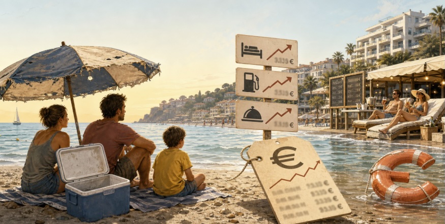 Family of three sitting on a sunny beach watching the waves with signs showing rising prices in euros by a seaside cafe
