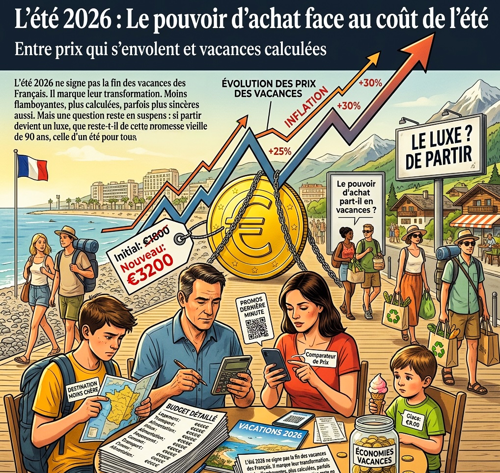 Cartoon infographic about summer 2026 buying power vs vacation costs with price arrows and a large euro coin on a beach scene