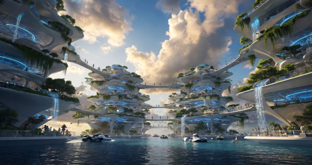Futuristic waterfront city with stacked circular platforms connected by skybridges lush greenery and waterfalls over a calm harbor