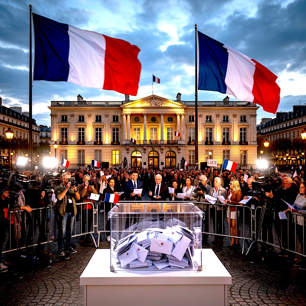 Crowd gathers in front of a grand Paris building for an election with two large French flags overhead and a transparent ballot box filled with ballots on a pedestal