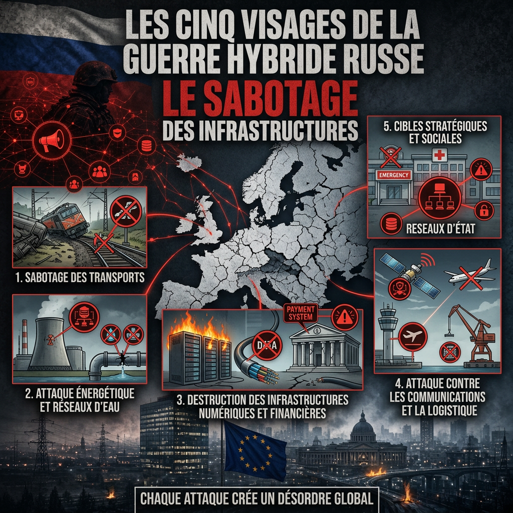 Les cinq visages de la guerre hybride russe Venez et voyez Infographie en français montrant les cinq types de sabotage dinfrastructures dans une guerre hybride russe ouisi dinfrastructures