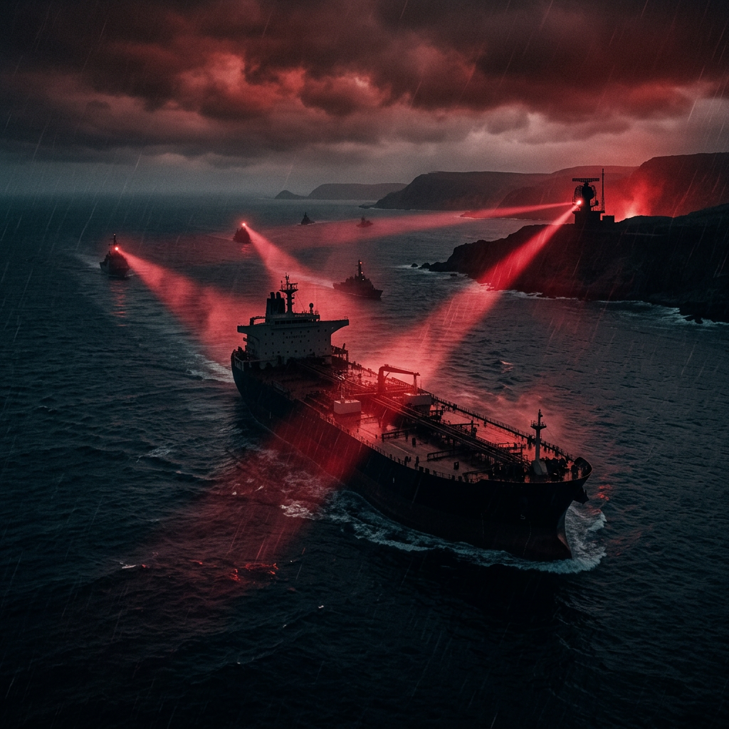 un pétrolier dans une mer sombre traversée par une lumière rouge un pétrolier dans une mer sombre traversée par une lumière rouge