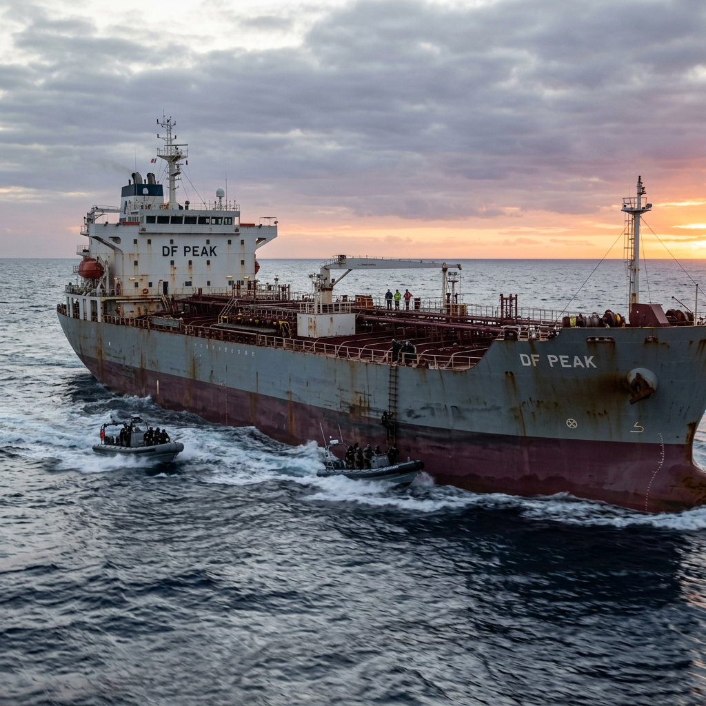 Arraisonnement du DF PEAK Venez et voyez Large cargo ship DF PEAK at sea during sunset with small rescue boats alongside and crew on deck