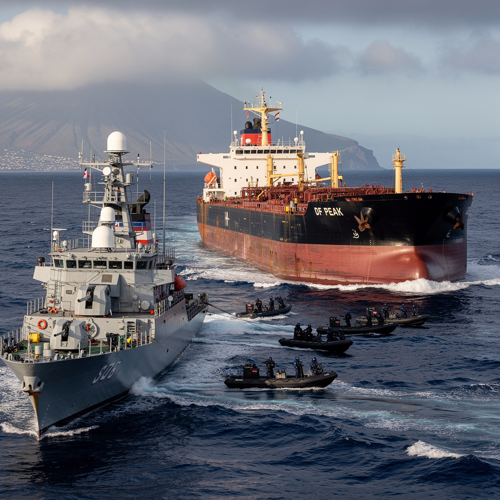 DF PEAK arraisonné Venez et voyez Gray military vessel escorts a large black and red tanker at sea with several small fast boats nearby